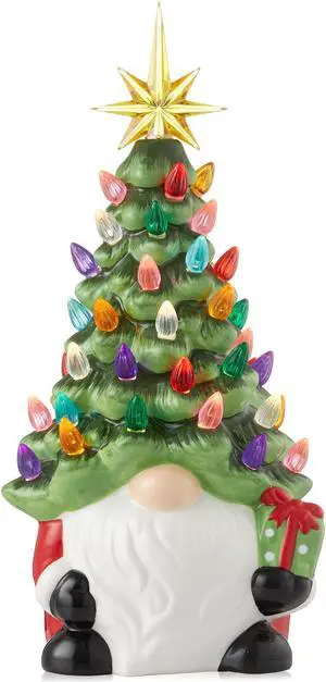 Casafield Hand Painted Ceramic Christmas Gnome with Tree, Red and Green Pre-Lit Gnome with 78 Multi Color Lights and Star Toppers
