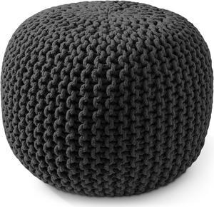Casafield Round Pouf Ottoman, Black - 20" Diameter x 14.5" High Cotton Knit Foot Stool - Boho Floor Pouffe for Living Room, Bedroom, Home Office