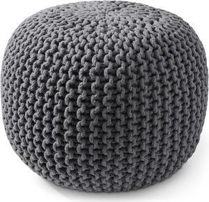 Casafield Round Pouf Ottoman, Dark Gray - 20" Diameter x 14.5" High Cotton Knit Foot Stool - Boho Floor Pouffe for Living Room, Bedroom, Home Office