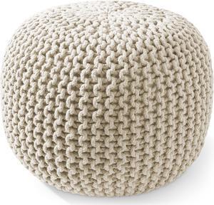 Casafield Round Pouf Ottoman, Natural - 20" Diameter x 14.5" High Cotton Knit Foot Stool - Boho Floor Pouffe for Living Room, Bedroom, Home Office