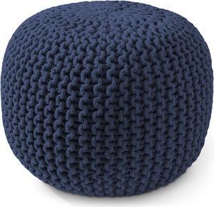 Casafield Round Pouf Ottoman, Navy Blue - 20" Diameter x 14.5" High Cotton Knit Foot Stool - Boho Floor Pouffe for Living Room, Bedroom, Home Office