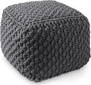 Casafield Square Pouf Ottoman, Dark Gray 18.5" W x 18.5" D x 14.5" H Cotton Knit Foot Stool - Boho Floor Pouffe for Living Room, Bedroom, Home Office