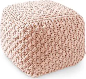 Casafield Square Pouf Ottoman, Light Pink 18.5" W x 18.5" D x 14.5" H Cotton Knit Foot Stool - Boho Floor Pouffe for Living Room, Bedroom, Home Office