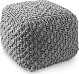 Casafield Square Pouf Ottoman, Light Gray 18.5" W x 18.5" D x 14.5" H Cotton Knit Foot Stool - Boho Floor Pouffe for Living Room, Bedroom, Home Office