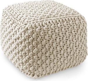 Casafield Square Pouf Ottoman, Natural - 18.5" W x 18.5" D x 14.5" H Cotton Knit Foot Stool - Boho Floor Pouffe for Living Room, Bedroom, Home Office