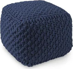 Casafield Square Pouf Ottoman, Navy Blue 18.5" W x 18.5" D x 14.5" H Cotton Knit Foot Stool - Boho Floor Pouffe for Living Room, Bedroom, Home Office