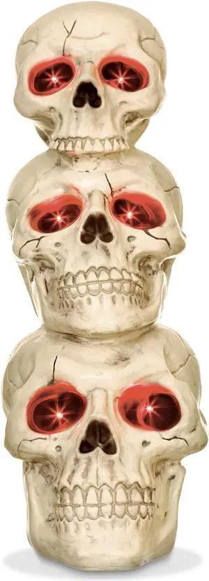 BOO BOX Stacked Skulls with LED Eyes and Sound, 27.5" Scary Skeleton Halloween Decoration for Home, Porch, or Yard Indoor Outdoor
