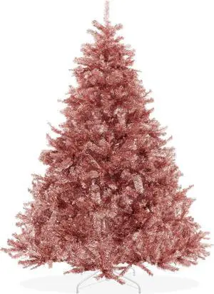 Casafield 6FT Rose Gold Tinsel Artificial Holiday Christmas Tree with Sturdy Metal Stand