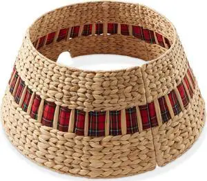 Casafield 24-Inch Christmas Tree Collar, Water Hyacinth Woven Farmhouse Tree Base Cover with Cord Cut Out, Natural