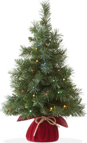 Casafield 2FT Pre-Lit Artificial Mini Christmas Tree, Green Fir Tabletop Holiday Tree with White and Multicolor Lights, Velvet Bag Base
