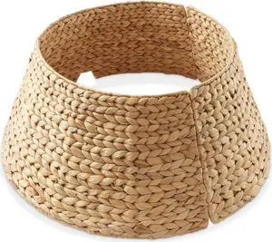 Casafield 24-Inch Christmas Tree Collar, Woven Water Hyacinth Tree Base Cover with Cord Cut Out, Natural
