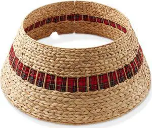 Casafield 32-Inch Christmas Tree Collar, Water Hyacinth Woven Farmhouse Tree Base Cover with Cord Cut Out, Natural