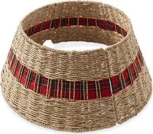 Casafield 24-Inch Christmas Tree Collar, Seagrass Woven Farmhouse Tree Base Cover with Cord Cut Out, Natural
