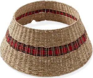 Casafield 32-Inch Christmas Tree Collar, Seagrass Woven Farmhouse Tree Base Cover with Cord Cut Out, Natural