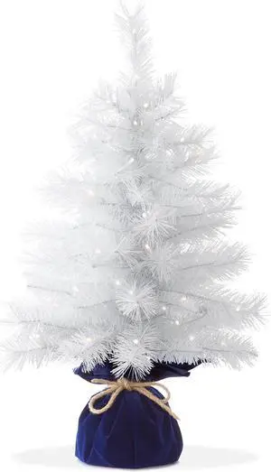 Casafield 2FT Pre-Lit Artificial Mini Christmas Tree, White Tabletop Holiday Tree with White Lights and Velvet Bag Base