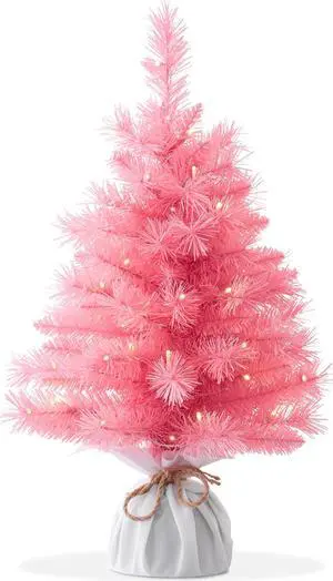 Casafield 2FT Pre-Lit Artificial Mini Christmas Tree, Pink Tabletop Holiday Tree with White Lights and Velvet Bag Base