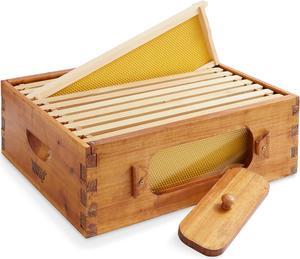 Honey Keeper Medium Super Brood Box with Window, 100% Beeswax Coated Beehive Kit with 10 Wooden Frames and Waxed Foundations for Langstroth Beekeeping