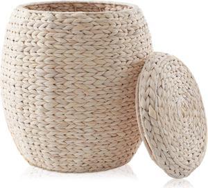 Casafield Round Storage Basket with Lid - Whitewash, Handwoven Water Hyacinth Organizer for Laundry, Blankets, Plants, Bedroom, Living Room, Home Office