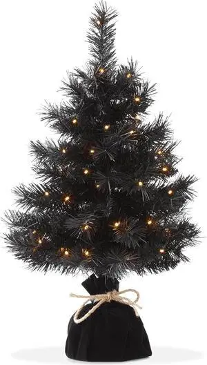 Casafield 2FT Pre-Lit Artificial Mini Christmas Tree, Black Tabletop Holiday Tree with White Lights and Velvet Bag Base