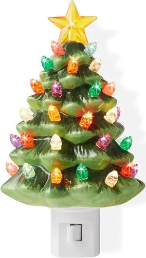 Casafield Ceramic Christmas Tree Night Light - Green Plug-in Vintage Christmas Decorative Night Light with 28 Bulbs and Star Topper