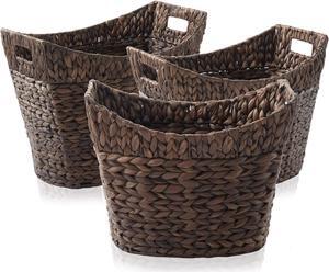 Casafield Set of 3 Stackable Oval Laundry Baskets with Handles - Espresso, Woven Water Hyacinth Storage Totes for Throw Blankets, Bathroom, Bedroom, Living Room