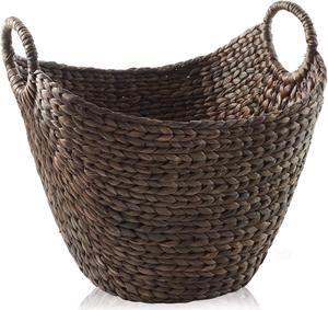 Casafield Large Laundry Boat Basket with Handles - Espresso, Woven Water Hyacinth Multipurpose Storage Organizer for Throw Blankets, Bathroom, Bedroom, Living Room