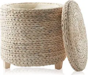 Casafield 17" Round Storage Ottoman with Lid - Whitewash, Handwoven Water Hyacinth Footstool for Living Room, Bedroom, Bathroom, Home Office