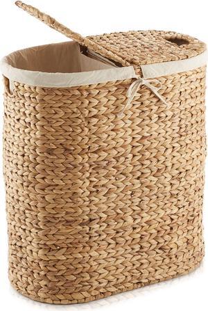 Casafield Oval Laundry Hamper with Lids and Removable Liner Bags - Natural, Woven Water Hyacinth 2-Section Laundry Basket Sorter for Clothes and Towels