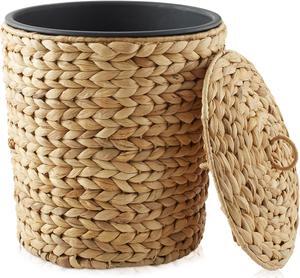 Casafield Water Hyacinth Trash Can with Lid and Liner - Natural, Woven Waste Basket for Bathroom, Bedroom, Laundry Room, Home Office
