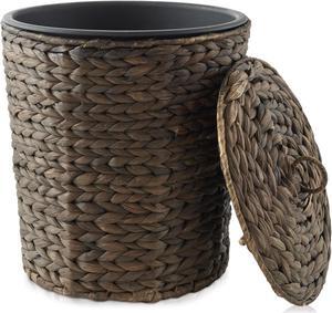Casafield Water Hyacinth Trash Can with Lid and Liner - Espresso, Woven Waste Basket for Bathroom, Bedroom, Laundry Room, Home Office