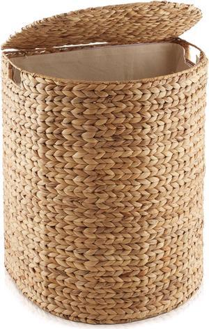 Casafield Half Moon Laundry Hamper with Lid and Removable Liner Bag - Natural, Woven Water Hyacinth Laundry Basket for Clothes and Towels