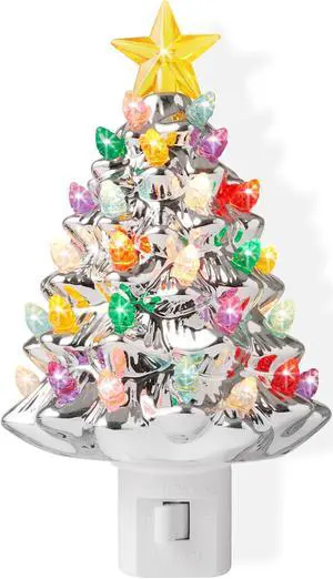 Casafield Ceramic Christmas Tree Night Light - Silver Plug-in Vintage Christmas Decorative Night Light with 28 Bulbs and Star Topper