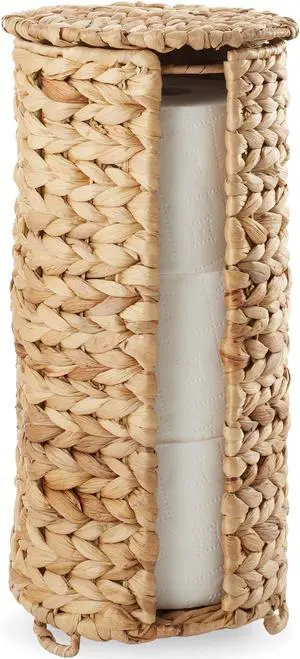 Casafield Free Standing Toilet Paper Storage Roll Holder with Lid - Natural, Fits 3 Rolls, Water Hyacinth Bath Tissue Organizer for Bathroom