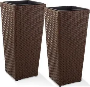 Casafield Set of 2 All-Weather Outdoor Planters with Liners, Tall Tapered Plant Boxes with Flower Pots for Front Porch, Patio, Garden - Espresso