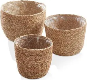 Casafield Set of 3 Seagrass Planter Baskets with Liners - Natural, Hand Woven Indoor Flower Pot Covers for Plants, Succulents, Home Decor