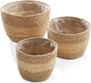 Casafield Set of 3 Seagrass Planter Baskets with Liners - Two-Tone, Hand Woven Indoor Flower Pot Covers for Plants, Succulents, Home Decor