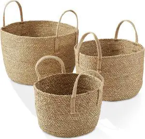 Casafield Set of 3 Braided Seagrass Baskets with Jute Handles - Natural, Woven Storage Basket Planters, Boho Decor for Entryway, Living Room, Bedroom