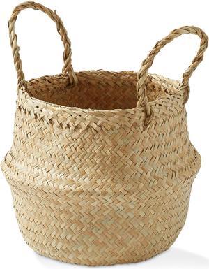 Casafield Seagrass Belly Storage Basket Planter with Handles - Small, Natural Woven Wicker Indoor Plant Pot Cover for Plants and Trees
