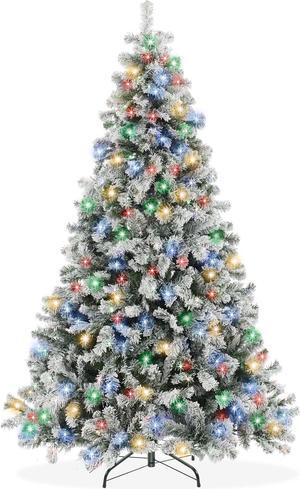 Casafield 7.5FT Realistic Snow-Flocked Pine with White and Multicolor LED Lights, 9 Light Sequence Artificial Holiday Christmas Tree with Sturdy Metal Stand