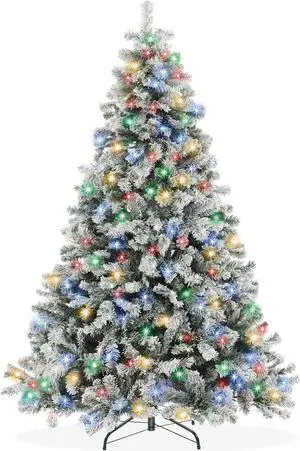 Casafield 6FT Realistic Snow-Flocked Pine with White and Multicolor LED Lights, 9 Light Sequence Artificial Holiday Christmas Tree with Sturdy Metal Stand