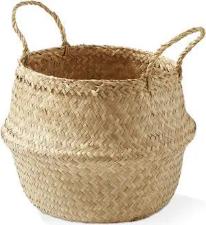 Casafield Seagrass Belly Storage Basket Planter with Handles - Large, Natural Woven Wicker Indoor Plant Pot Cover for Plants and Trees