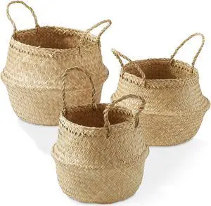 Casafield (Set of 3) Seagrass Belly Storage Basket Planters - Small, Medium, Large, Natural Woven Wicker Indoor Plant Pot Covers for Plants and Trees