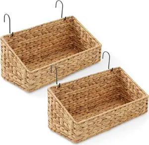 Casafield Set of 2 Hanging Baskets with Hooks - Natural, Hyacinth Woven Wall Mounted Storage Bins for Kitchen, Bathroom, Laundry Room, Home Office