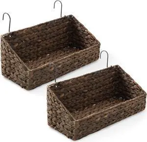 Casafield Set of 2 Hanging Baskets with Hooks - Espresso, Hyacinth Woven Wall Mounted Storage Bins for Kitchen, Bathroom, Laundry Room, Home Office