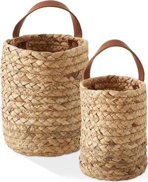 Casafield Set of 2 Water Hyacinth Wall Hanging Baskets with Handles (Small and Large) - Natural, Woven Boho Plant and Flower Storage Pots