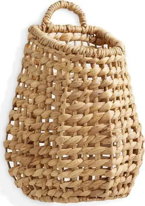 Casafield Open Weave Wall Hanging Basket for Plants and Flowers - Natural, Water Hyacinth Decorative Boho Accent for Front Door and Entryway