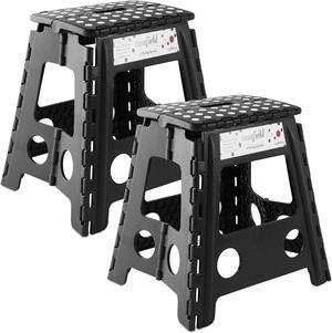 Casafield 16" Folding Step Stool with Handle (Set of 2), Black - Portable Collapsible Small Plastic Foot Stool for Adults - Use in the Kitchen, Bathroom and Bedroom
