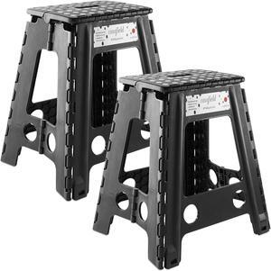 Casafield 18" Folding Step Stool with Handle (Set of 2), Black - Portable Collapsible Small Plastic Foot Stool for Adults - Use in the Kitchen, Bathroom and Bedroom