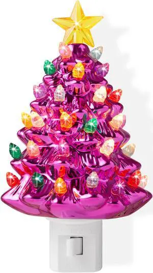 Casafield Ceramic Christmas Tree Night Light - Pink Plug-in Vintage Christmas Decorative Night Light with 28 Bulbs and Star Topper