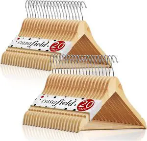 Casafield - 40 Natural Wooden Suit Hangers - Premium Lotus Wood with Notches & Chrome Swivel Hook for Dress Clothes, Coats, Jackets, Pants, Shirts, Skirts